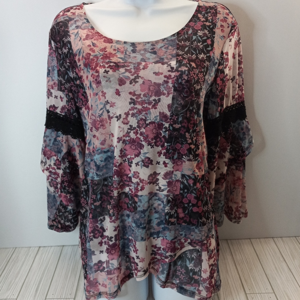 Est. 1946 Boho Floral Fairycore Sheer Bell Sleeve Asymmetrical Blouse